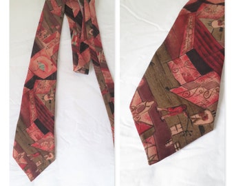 Vintage tie cravate, red abstract pattern, french neck tie