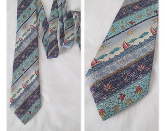 Vintage tie cravate, nautical beach sailing patterned, french 80's neck tie