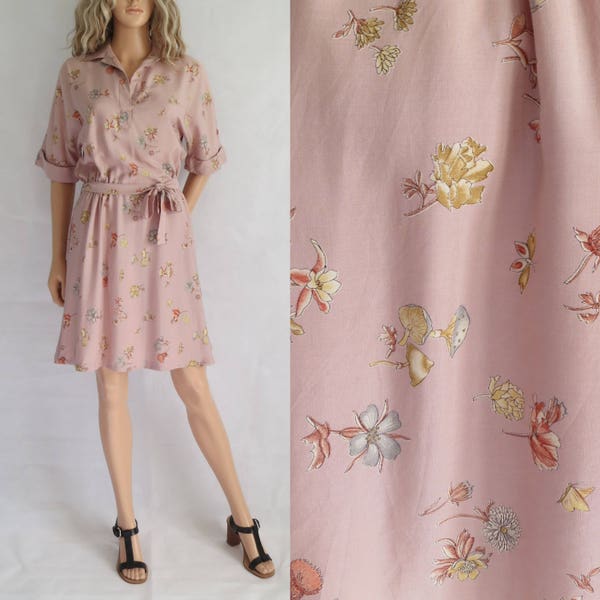 Batwing floral mushroom dress, pink shirt dress, french 70s vintage, short sleeves, knee length, small