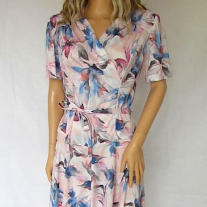 Vintage 1980&#39;s dress, pink floral pattern, Afibel, short sleeve, midi dress, 14 uk