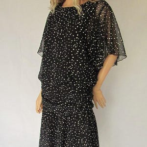 Vintage Berkertex 80&#39;s dress, black white poka dot, chiffon layered, large