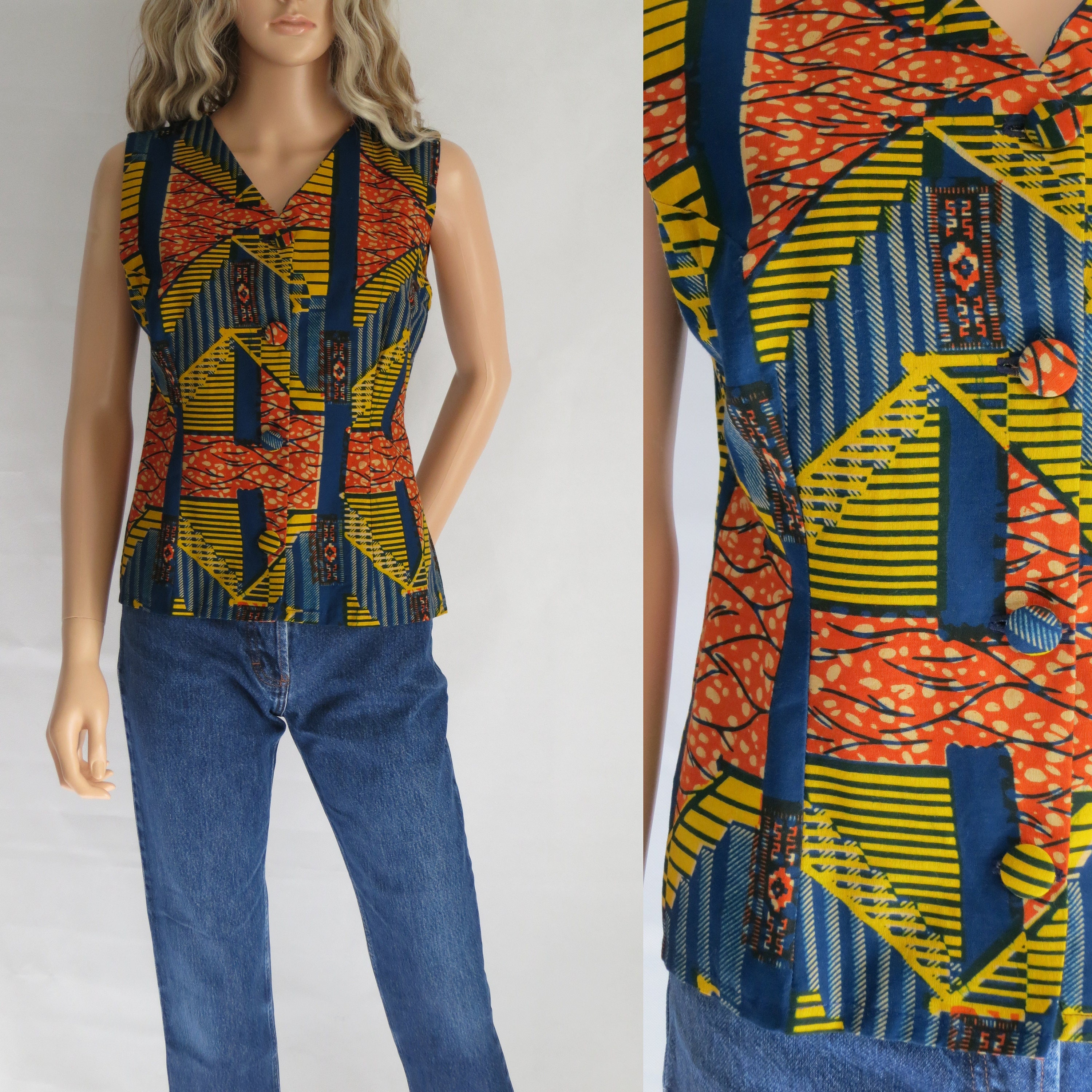 Image of African Ethnic Print Vest Waistcoat, Orange Mustard Navy, Womens Tank Sleeveless Top, Cotton, Medium