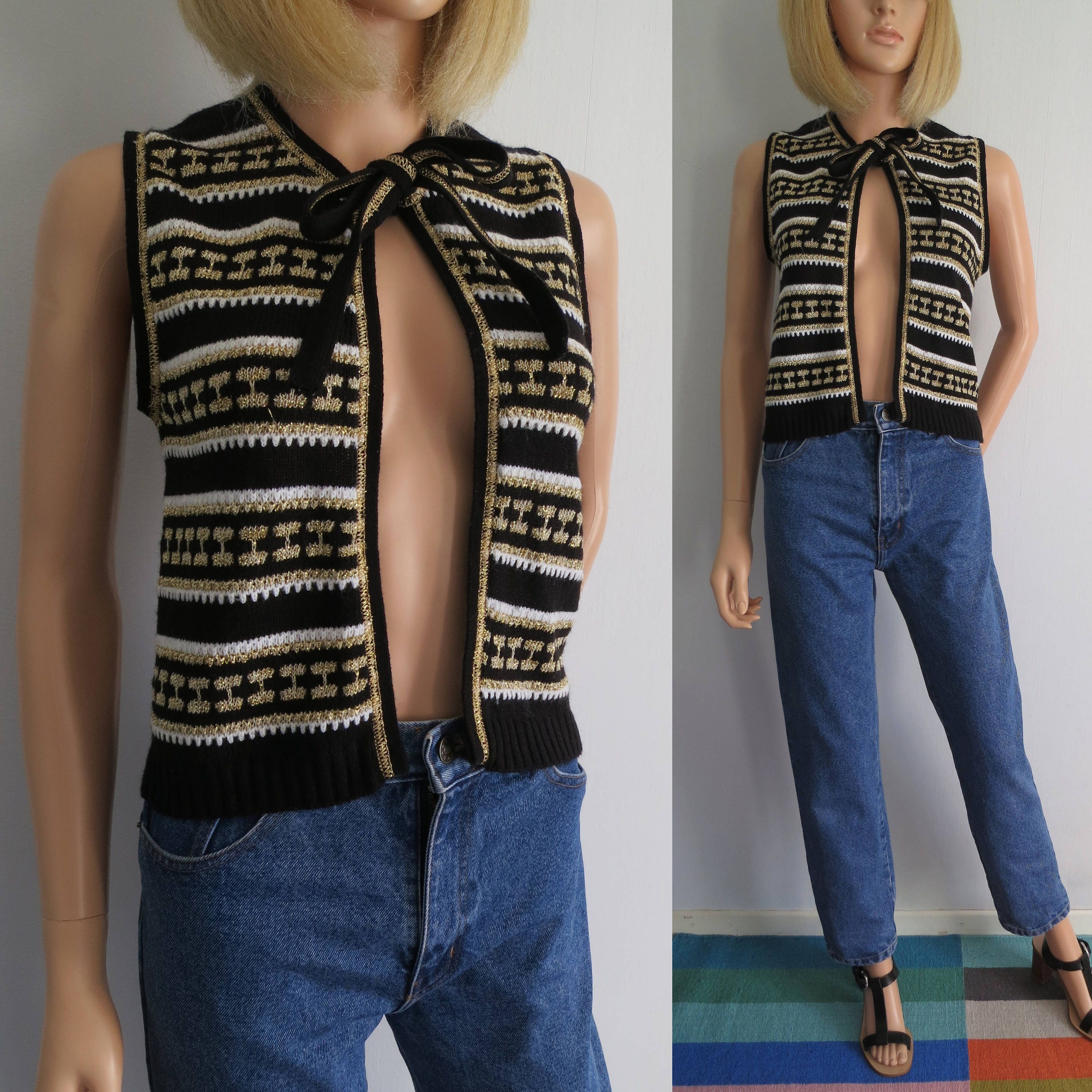 Image of Sweater Cardigan Vest Tank Top, Black Gold & White Stripes, Open Front, Sleeveless, French Vintage, Wool Knit Knitted Waistcoat, Small