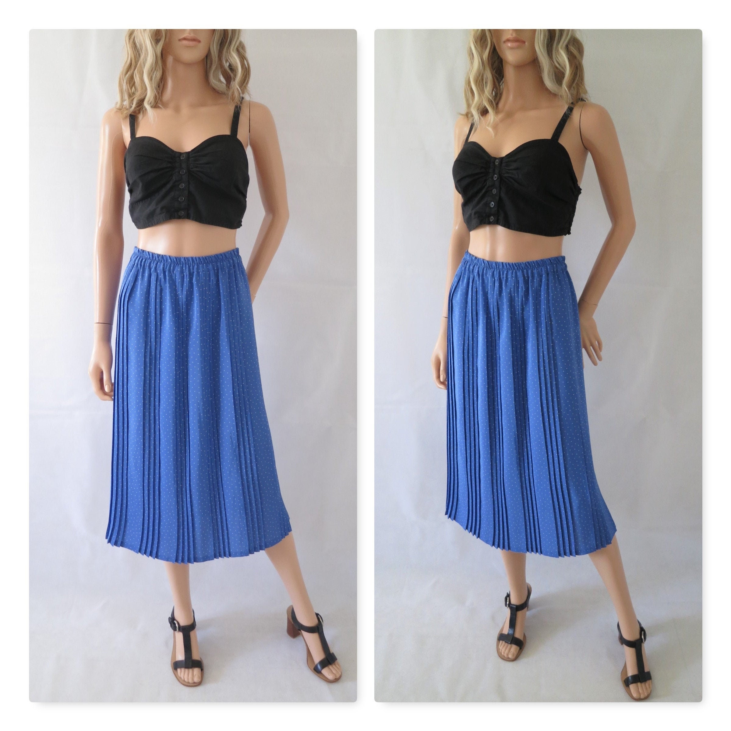Image of Blue Polka Dot Pleated Skirt, Elasticated Waist, Knee Midi Length, French 's Vintage Retro, Large