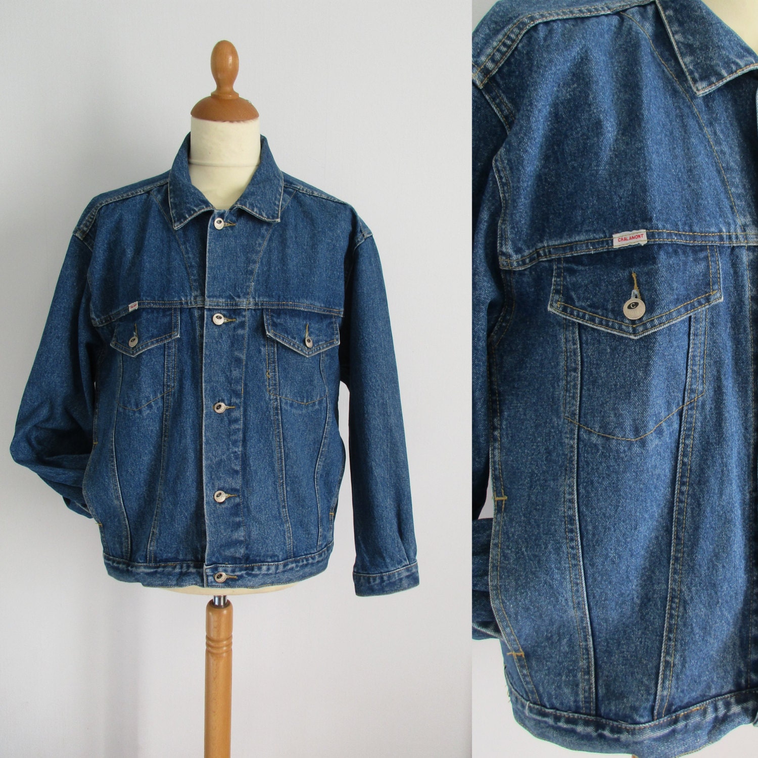 Image of Mens Denim Jacket, Vintage 80S Retro, Long Sleeve, Button Up, French Jean Coat, X Large