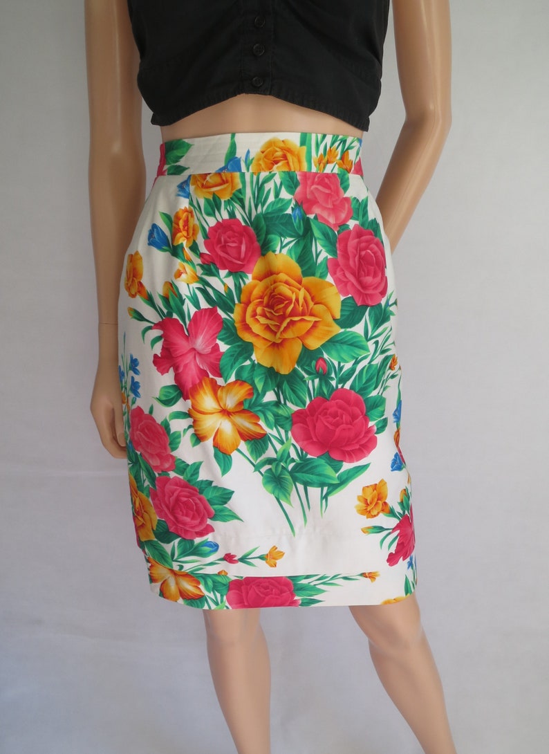 Floral summer pencil skirt, vintage retro 80's, high waist, colourful French fitted knee length summer skirt, small image 7