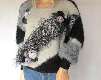 Wool sweater jumper pullover, mohair fluffy, 80's vintage retro, long sleeve, small