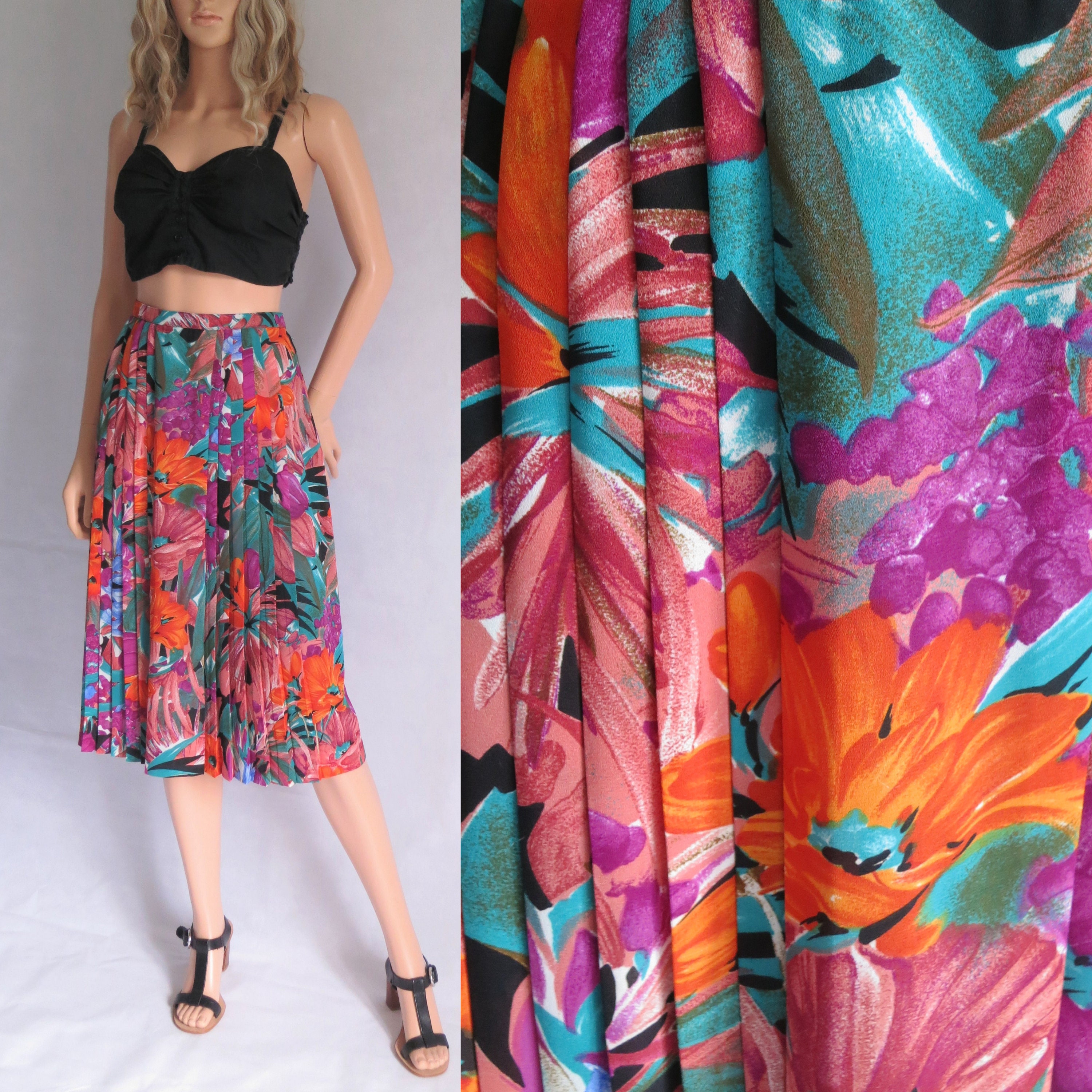 Image of Floral Pleated Skirt, High Waist, Knee Length, French S Vintage Retro, Bright Colourful, Medium