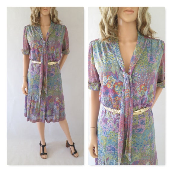 Pussy bow dress, mauve pink blue print, short slee