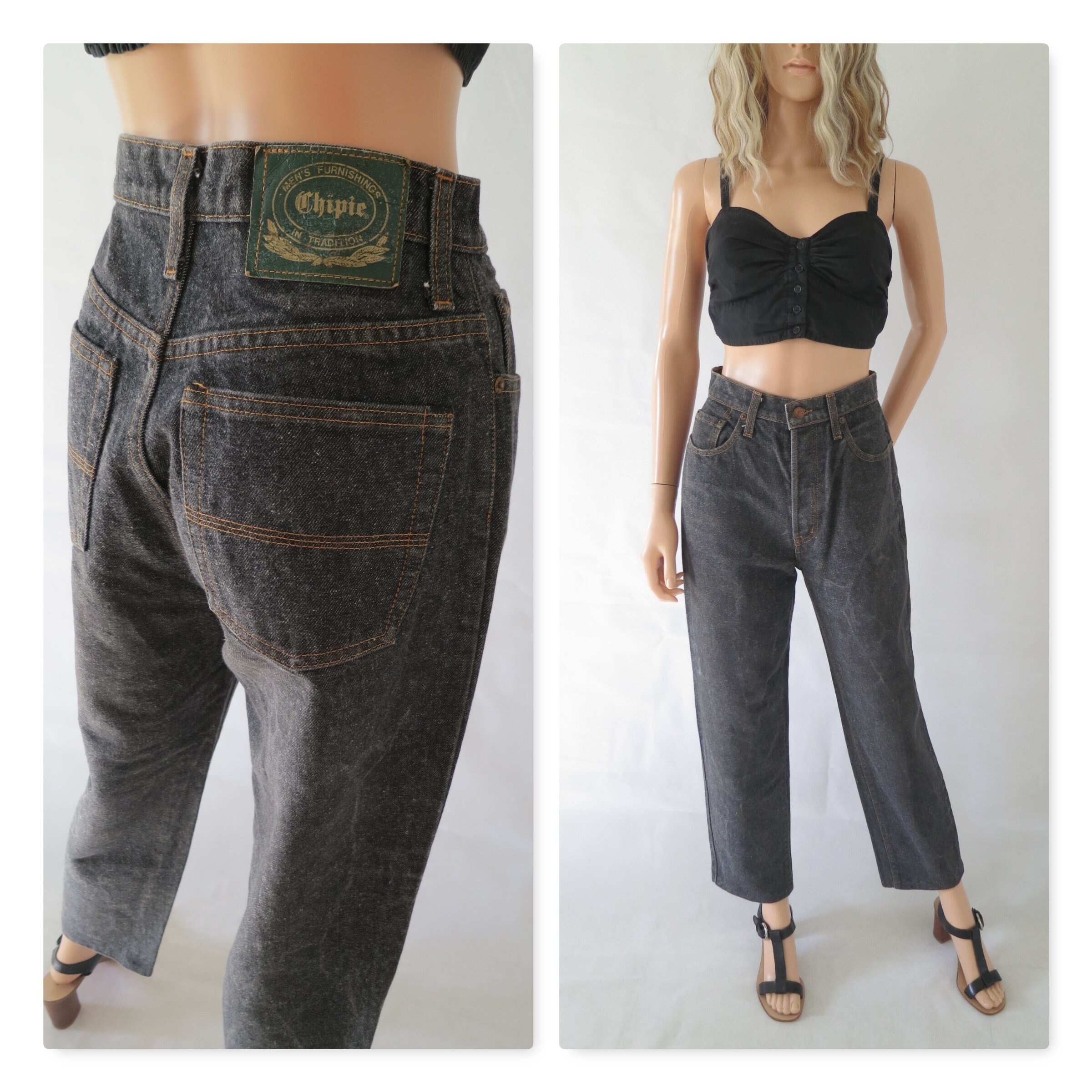 Image of High Waist Jeans, Barely Denim Pants, 's Vintage Retro Trousers, Straight Leg, Small, .