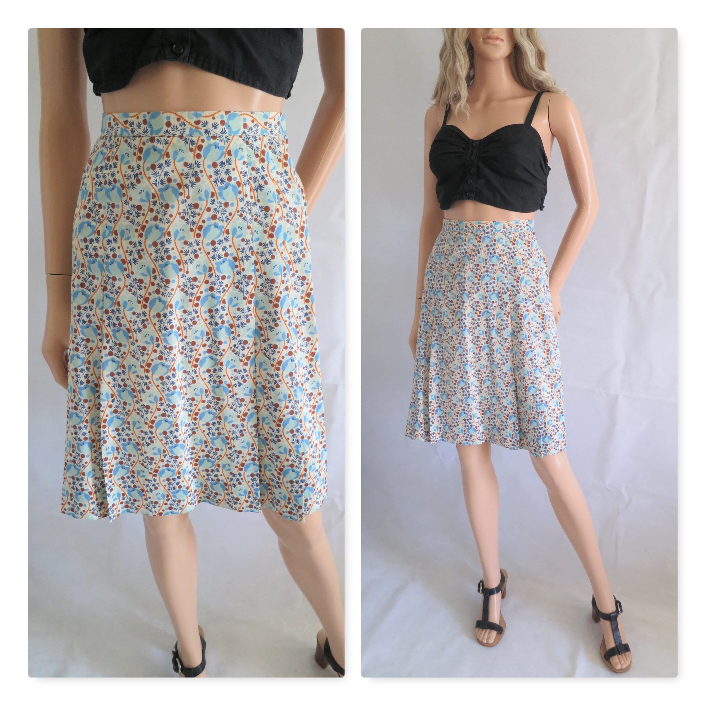 Image of Patterned Pleated Skirt, High Waist, Knee Length, French 's Vintage Retro, X Small Waist