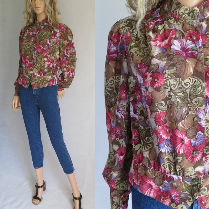 Floral blouse shirt top, brown pink purple, long sleeves, french 80's vintage, grandad collar, medium large image 1