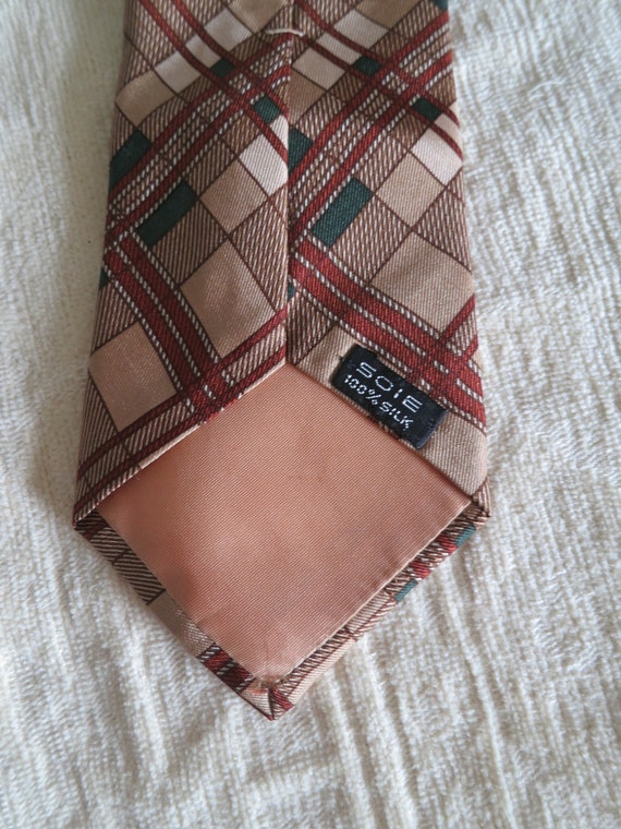 Vintage silk tie cravate, brown plaid checked, pu… - image 2