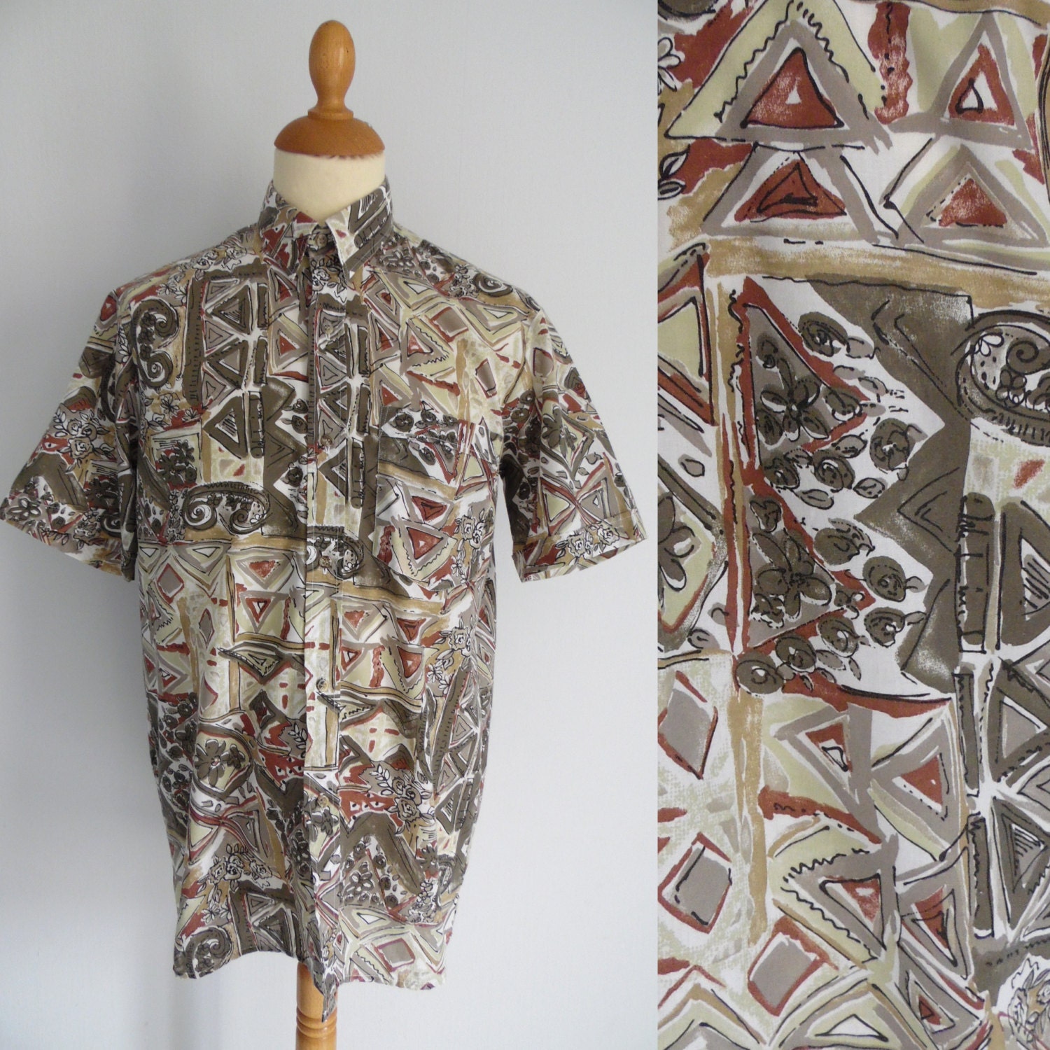 Image of Mens Loud Patterned Shirt, Short Sleeve, Brown Beige Khaki Green, French Vintage Retro, Disco Party Top, Loose Traditional Cut, Medium