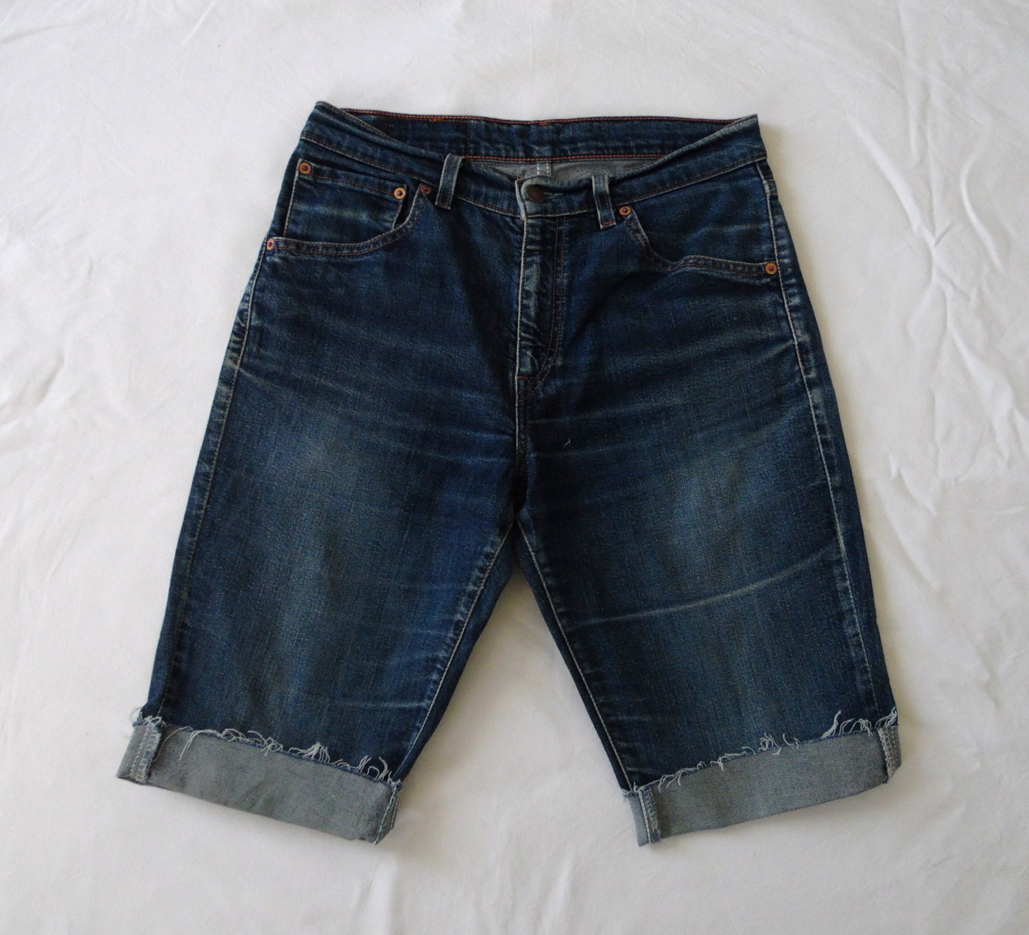 Image of Mens Denim Shorts, Levis 525 Blue Stretch Jean Cut Off Long Waist 31, Small