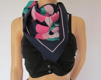 Pañuelo cuadrado vintage, pañuelo de seda con flores rosas y azul marino, para el cuello.