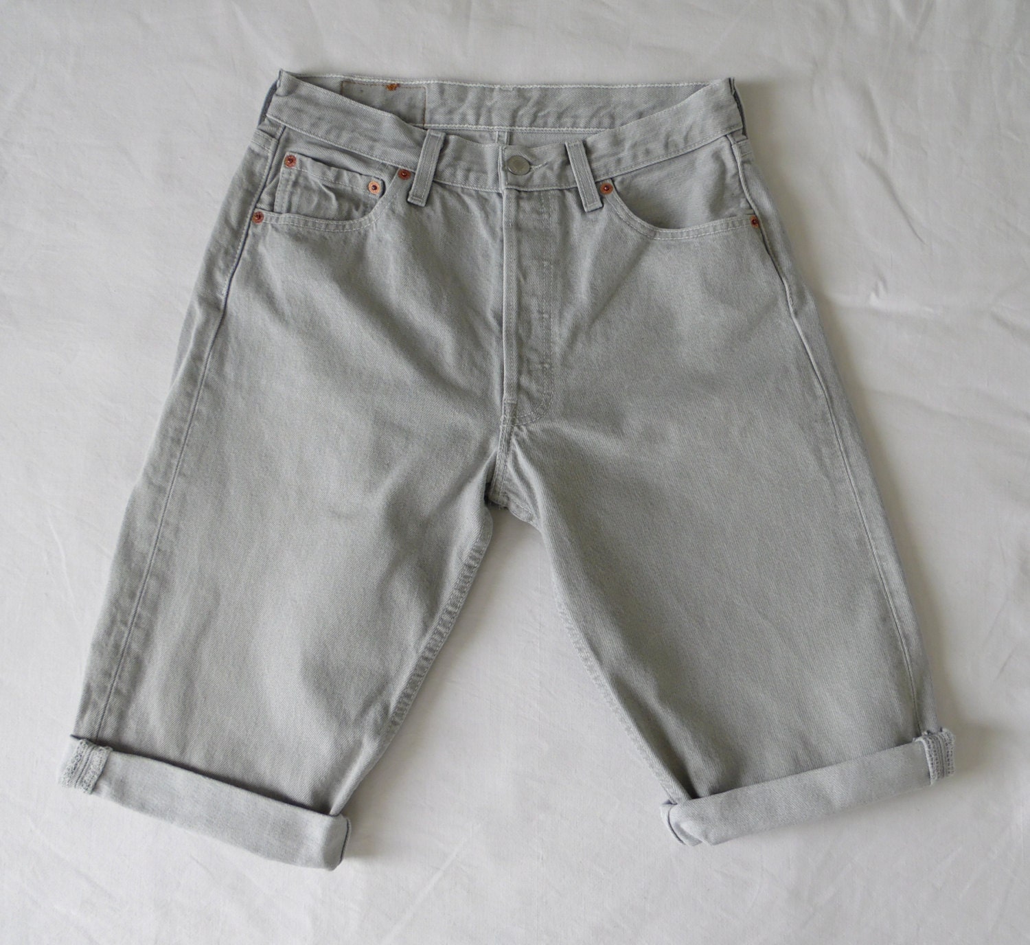 Image of Mens Vintage Levis 501 Shorts, Grey Denim Jean, Cut Off Long Waist 28 29, Small