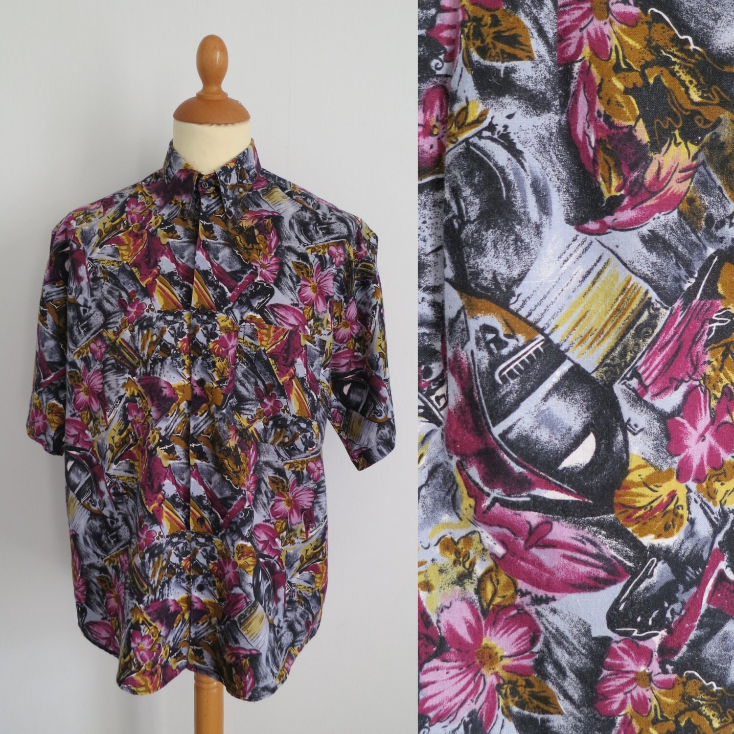 Image of Mens Floral Patterned Shirt, Purple & Grey, Short Sleeve, 90S Vintage Retro, Loose Traditional Cut, Cotton, X Large