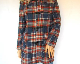 Vintage duffle coat, blue red check, hooded, faux sheepskin lining, made in UK, 10 12
