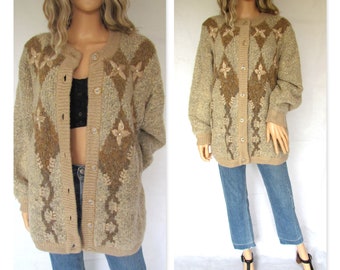 Cosy wool beige cardigan, long sleeves, French 80's vintage retro, large
