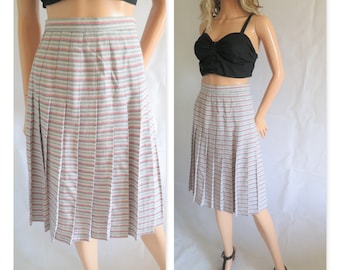 Falda plisada de rayas, rayas rosas y grises, largo hasta la rodilla, estilo retro vintage francés, pequeña, cintura 26