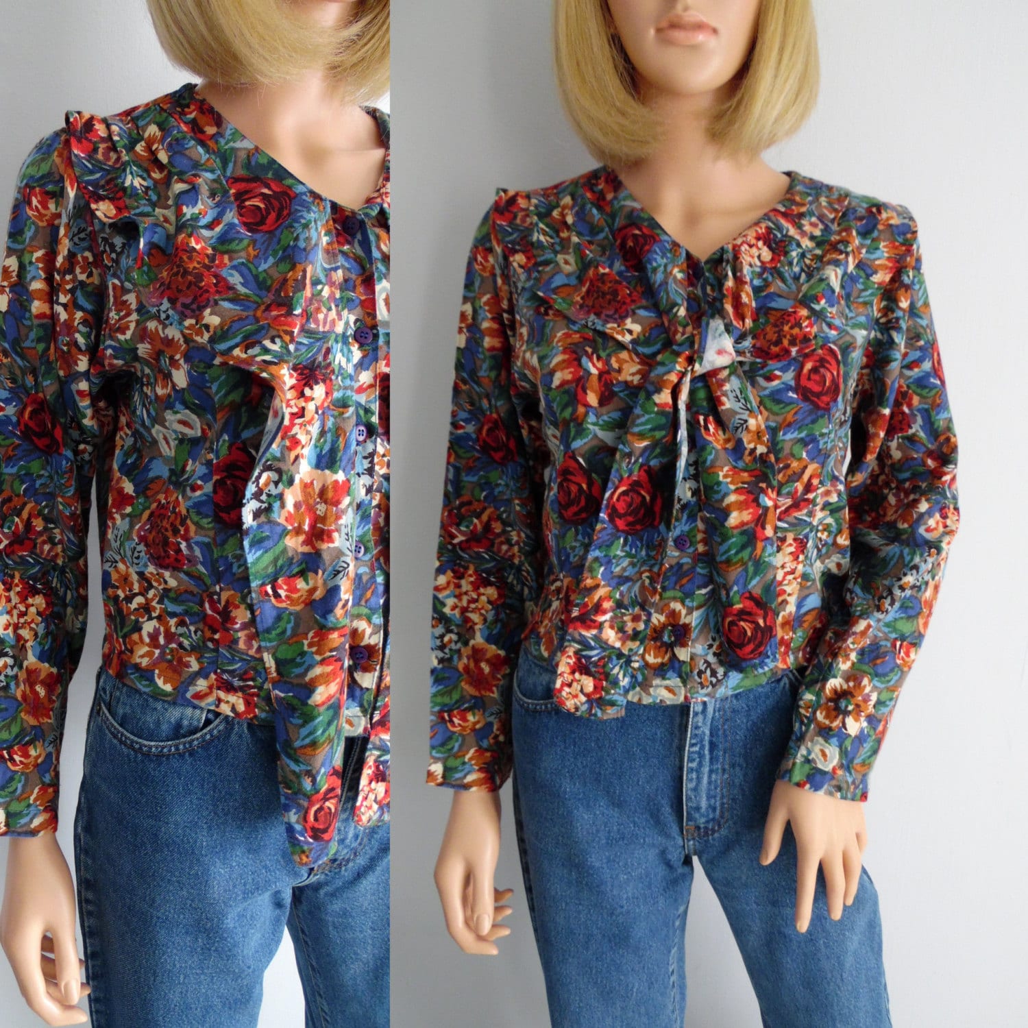 Floral Blouse Shirt Top French 80s Vintage Long Sleeve - Etsy