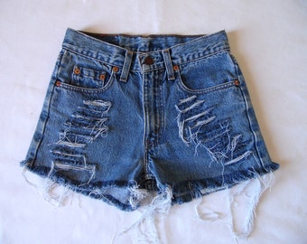 High waisted Levis shorts, blue Levis 611, denim jean shorts, vintage retro cut off frayed distressed denim,x small, waist 27