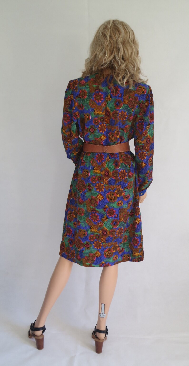 knee length silky polyester Floral patterned shirt dress blue mustard green french 70/'s vintage retro medium large long sleeves
