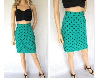 Polka dot pencil skirt, vintage retro 80's, high waist, green & black, fitted knee length skirt, small