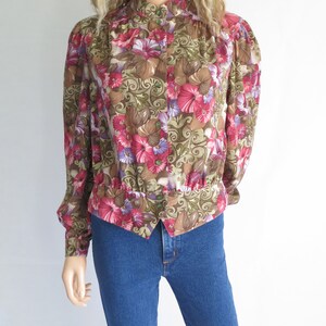 Floral blouse shirt top, brown pink purple, long sleeves, french 80's vintage, grandad collar, medium large image 7