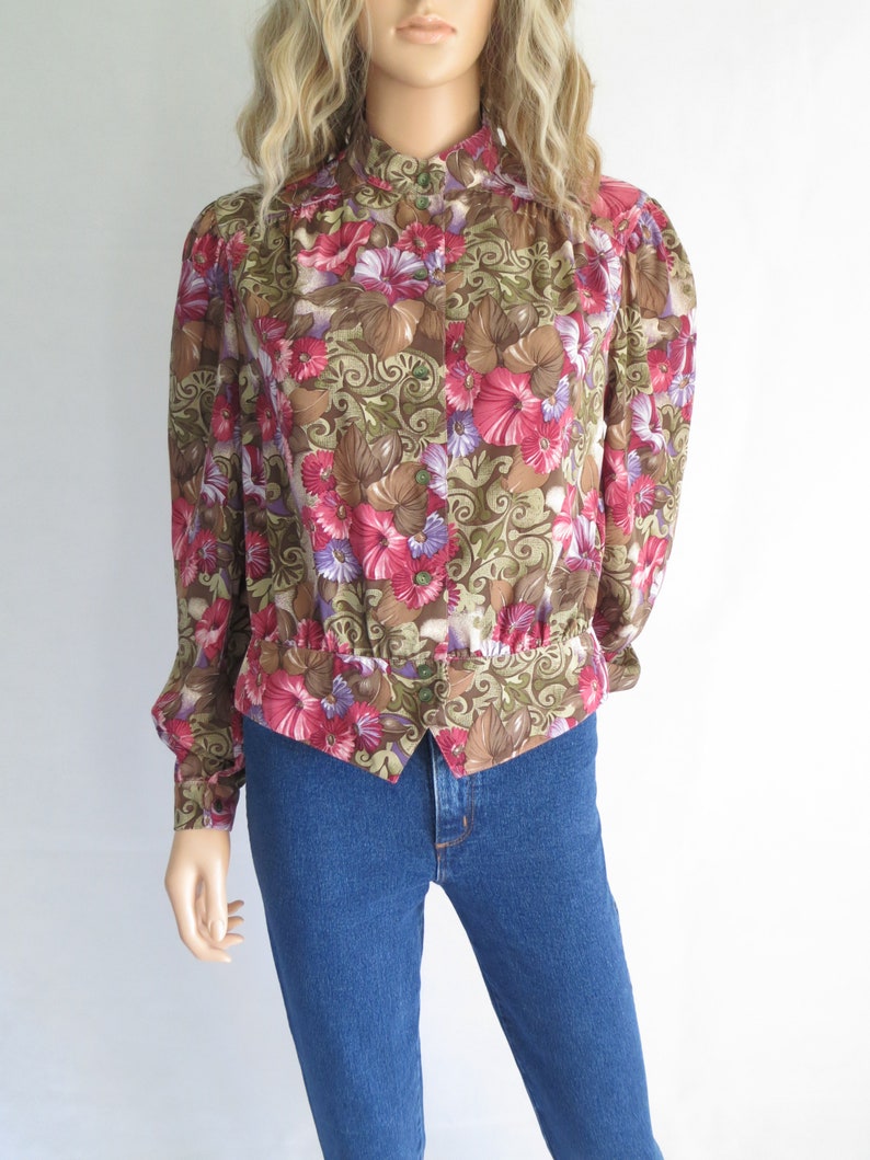 Floral blouse shirt top, brown pink purple, long sleeves, french 80's vintage, grandad collar, medium large image 7