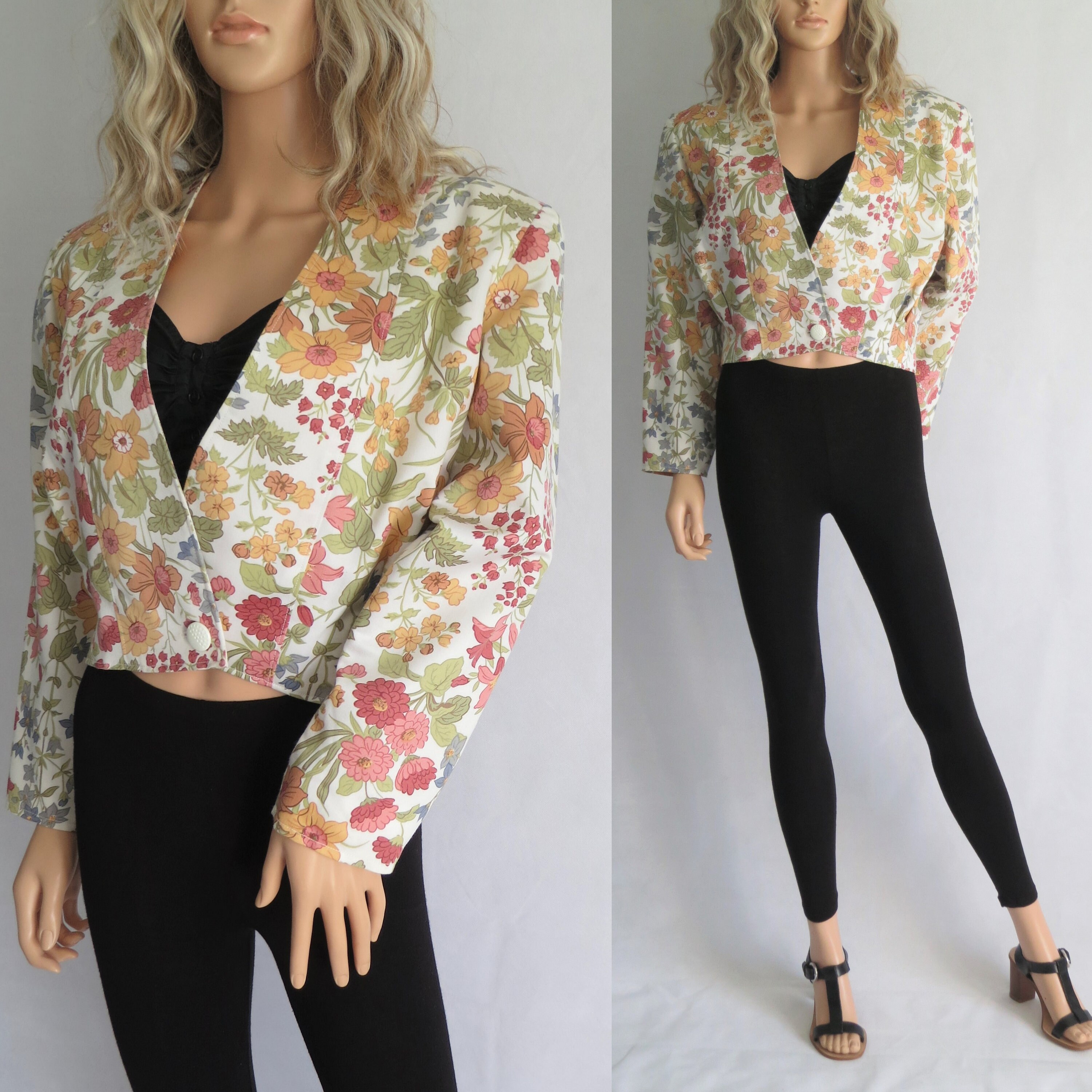 Image of Floral Cropped Jacket Top, S French Vintage, Long Sleeves, Pink Yellow Green Floral, Short Crop Jacket, Small Medium
