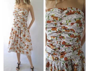 80's vintage cocktail bandeau dress, prom party wedding dress, french vintage retro, knee length, cream mustard floral