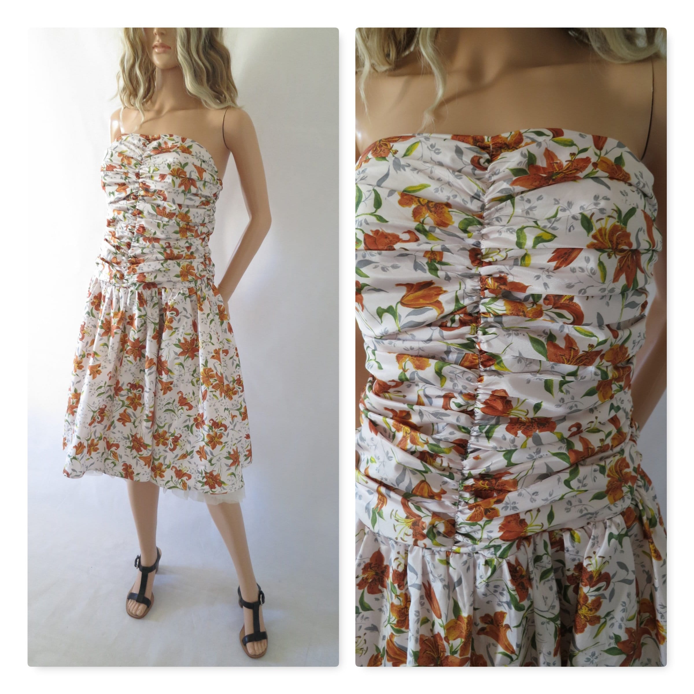 Image of 's Vintage Cocktail Bandeau Dress, Prom Party Wedding French Retro, Knee Length, Cream Mustard Floral