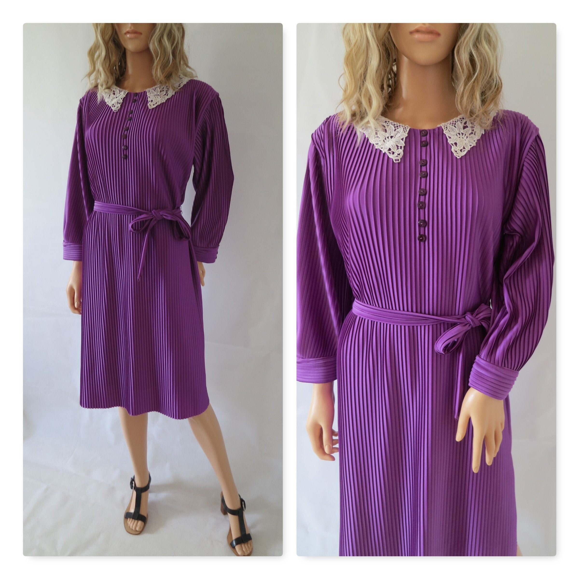 Image of Purple Pleated Dress, Long Sleeves, French Vintage Retro, Knee Length, Lace Collar, Large