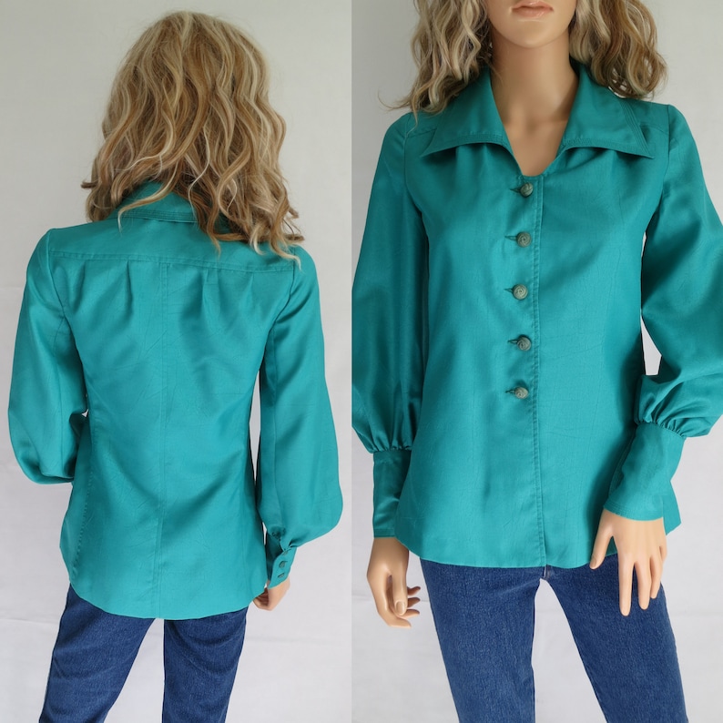 large coller long puff sleeves jade green small french 70/'s retro vintage Green fitted blouse shirt top