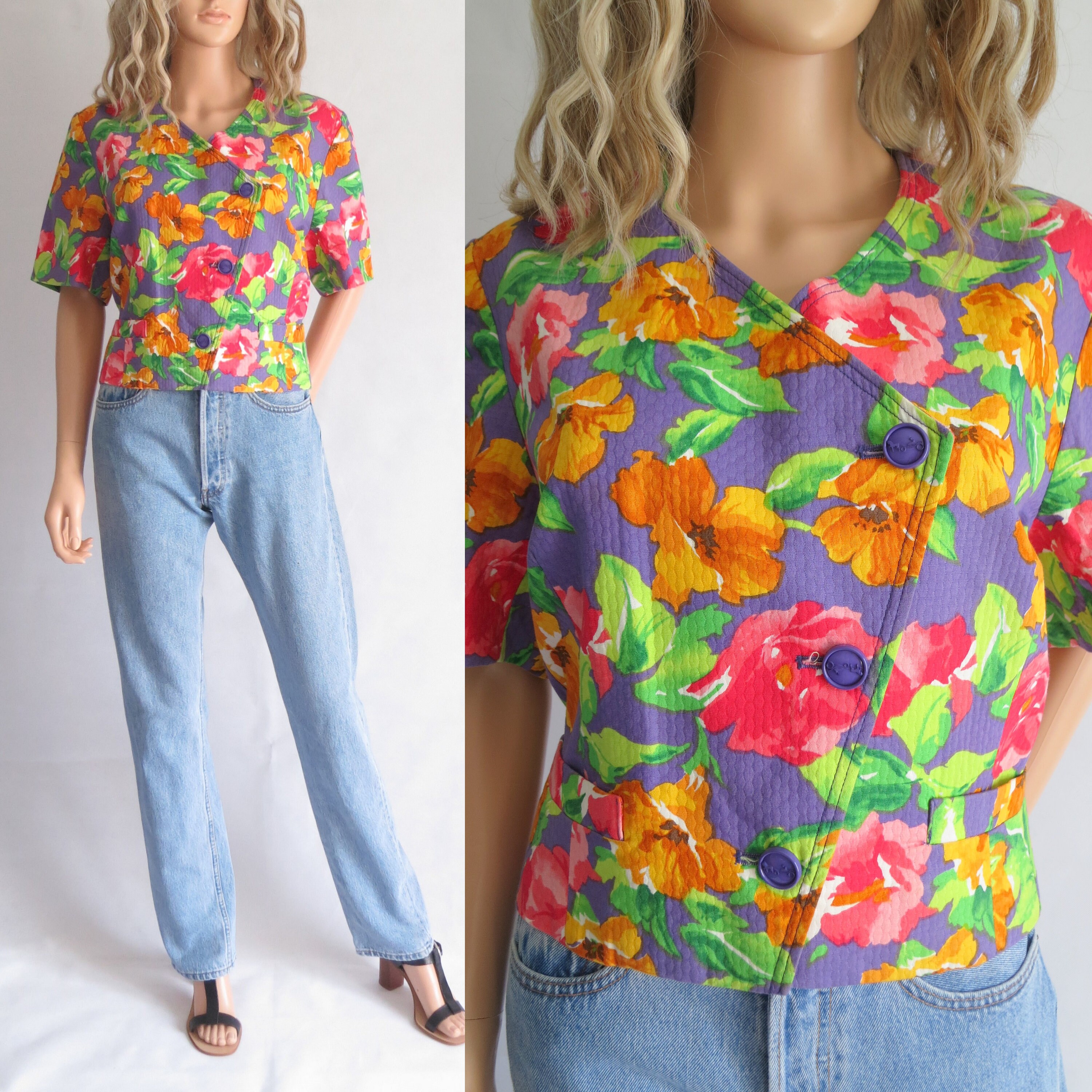 Image of Floral Cropped Jacket Top, Short Sleeves, Cotton, French Vintage, Weill Blouse, Large