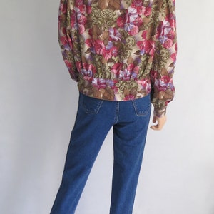 Floral blouse shirt top, brown pink purple, long sleeves, french 80's vintage, grandad collar, medium large image 2