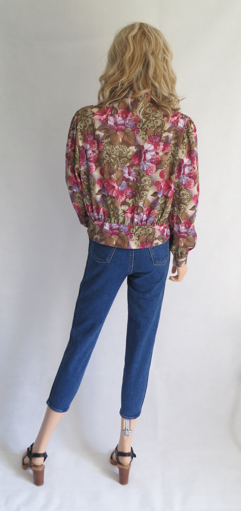 Floral blouse shirt top, brown pink purple, long sleeves, french 80's vintage, grandad collar, medium large image 2