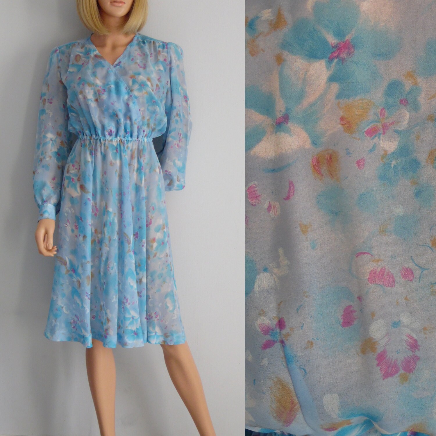 Image of Blue Floral Dress, French S Vintage, Long Sleeves, Sheer Floaty Chiffon, Knee Length, Romantic Small Medium