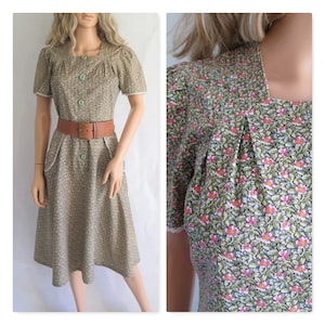 Floral vintage summer dress, green & pink, short sleeves, french vintage retro, knee length, cotton,