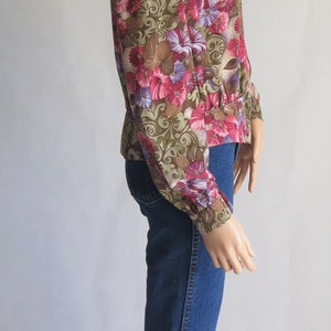 Floral blouse shirt top, brown pink purple, long sleeves, french 80's vintage, grandad collar, medium large image 3