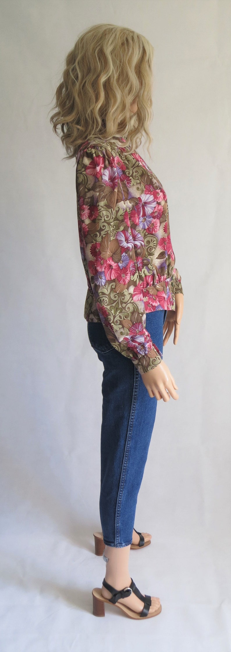 Floral blouse shirt top, brown pink purple, long sleeves, french 80's vintage, grandad collar, medium large image 3