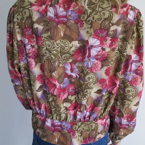 Floral blouse shirt top, brown pink purple, long sleeves, french 80's vintage, grandad collar, medium large image 6