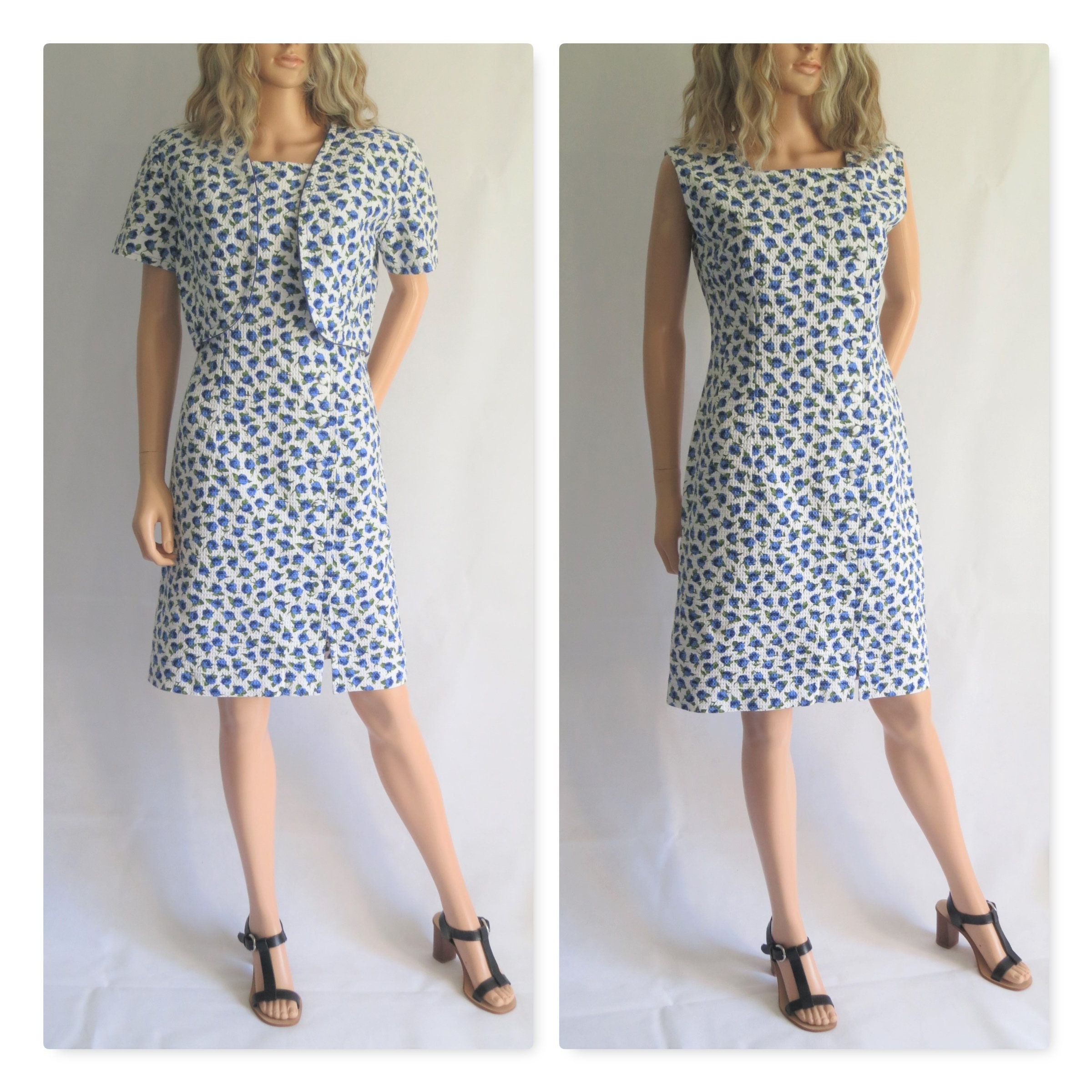 Image of Blue Floral Dress & Jacket, Blue Green White, French Vintage, Short Sleeves, Knee Length, Textured Cotton, Fitted, Cropped Medium