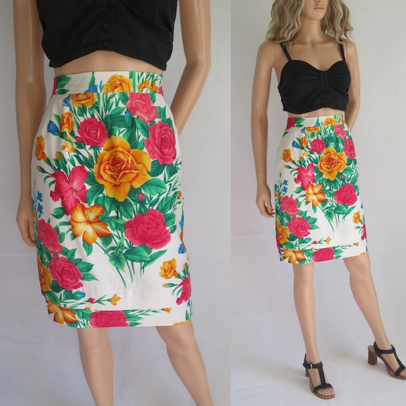 Floral summer pencil skirt, vintage retro 80's, high waist, colourful French fitted knee length summer skirt, small image 1