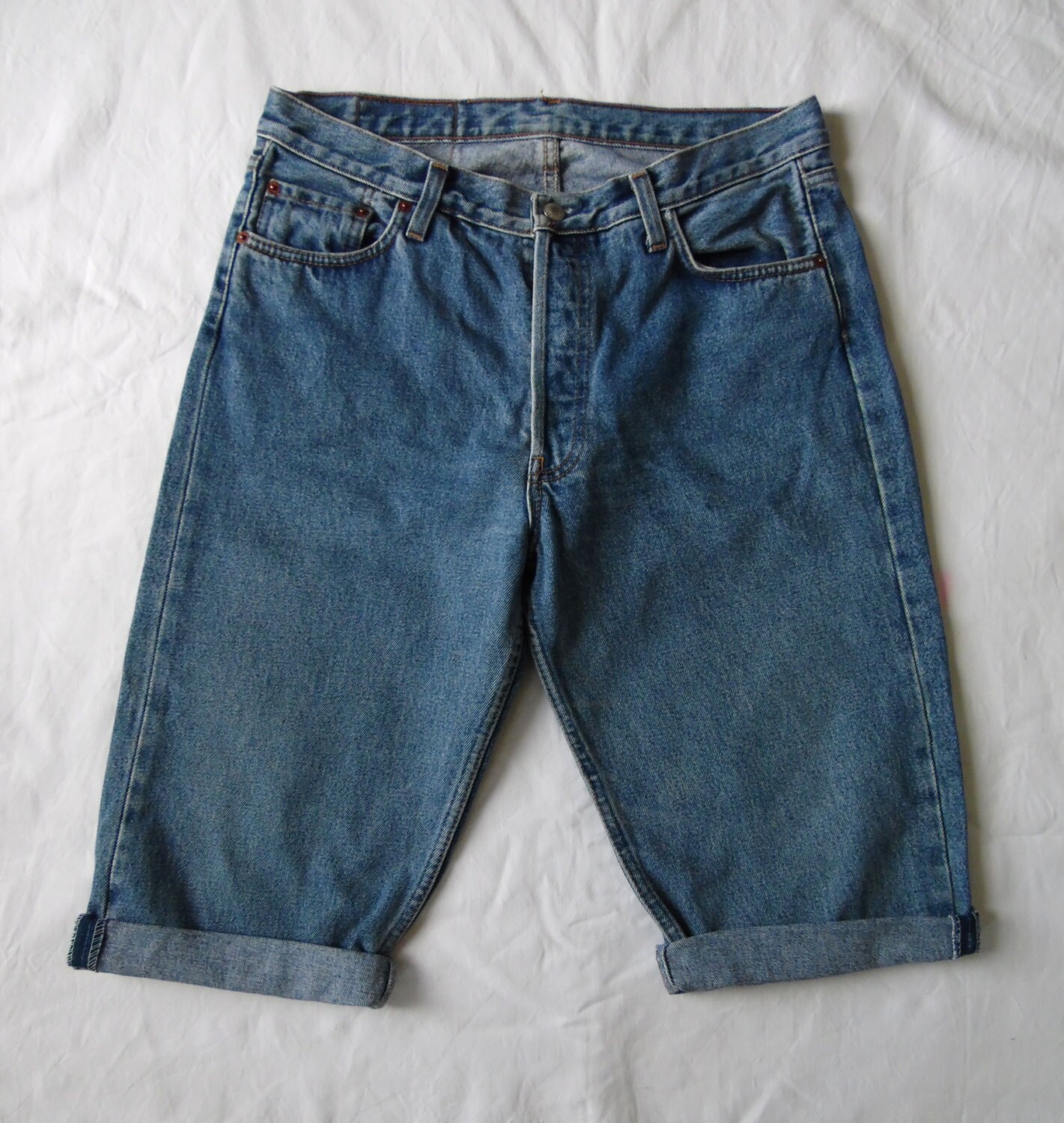 Image of Mens Vintage Levis 501 Shorts, Blue Denim Jean Cut Off, Cuffed Rolled Long Waist 33, Medium