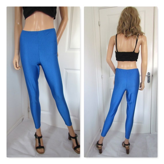 Blue Shiny 80 s Leggings High Waist Ribbed Fabric Size 12 14 Etsy Canada