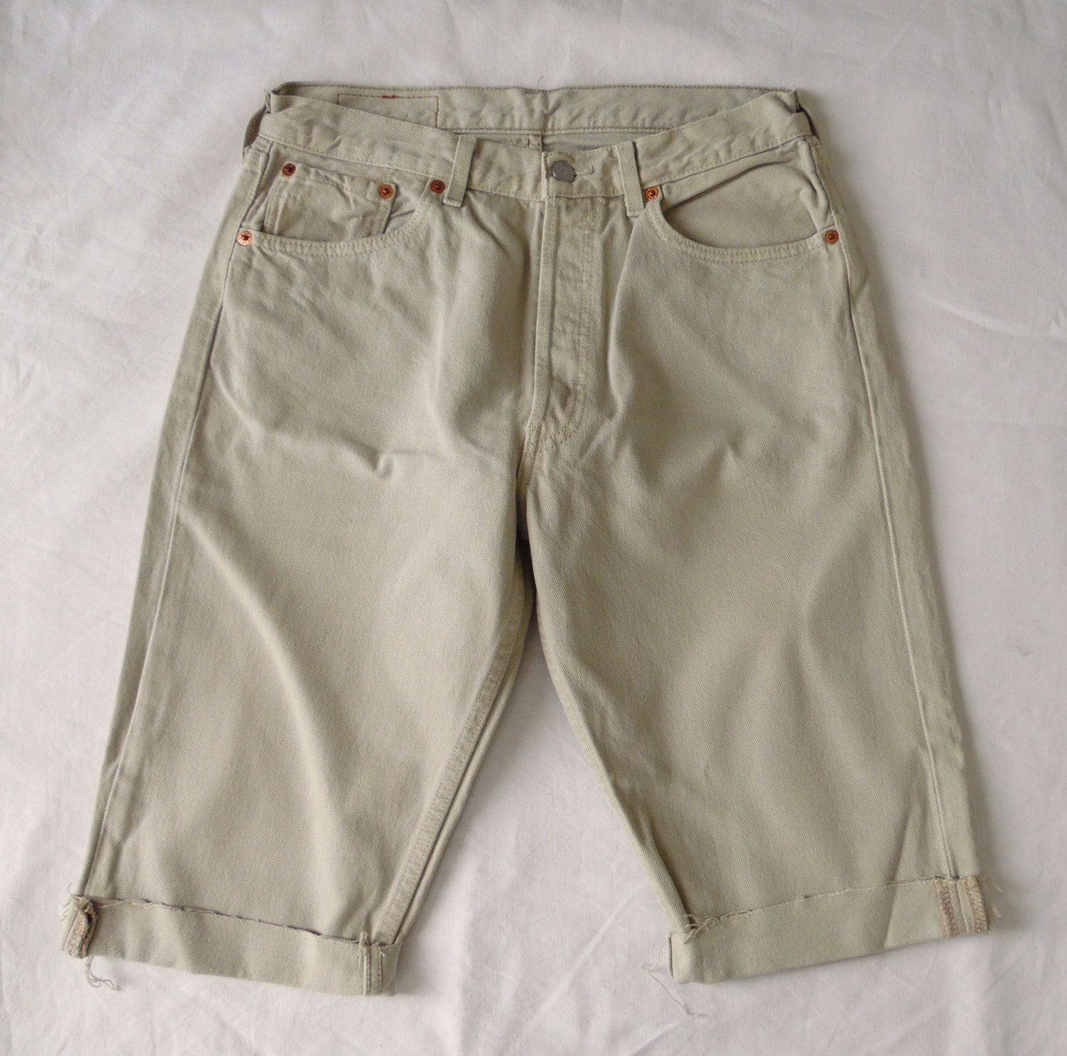 Image of Mens Vintage Levis 501 Shorts, Beige Denim Jean, Cut Off Frayed Long Waist 29, Small