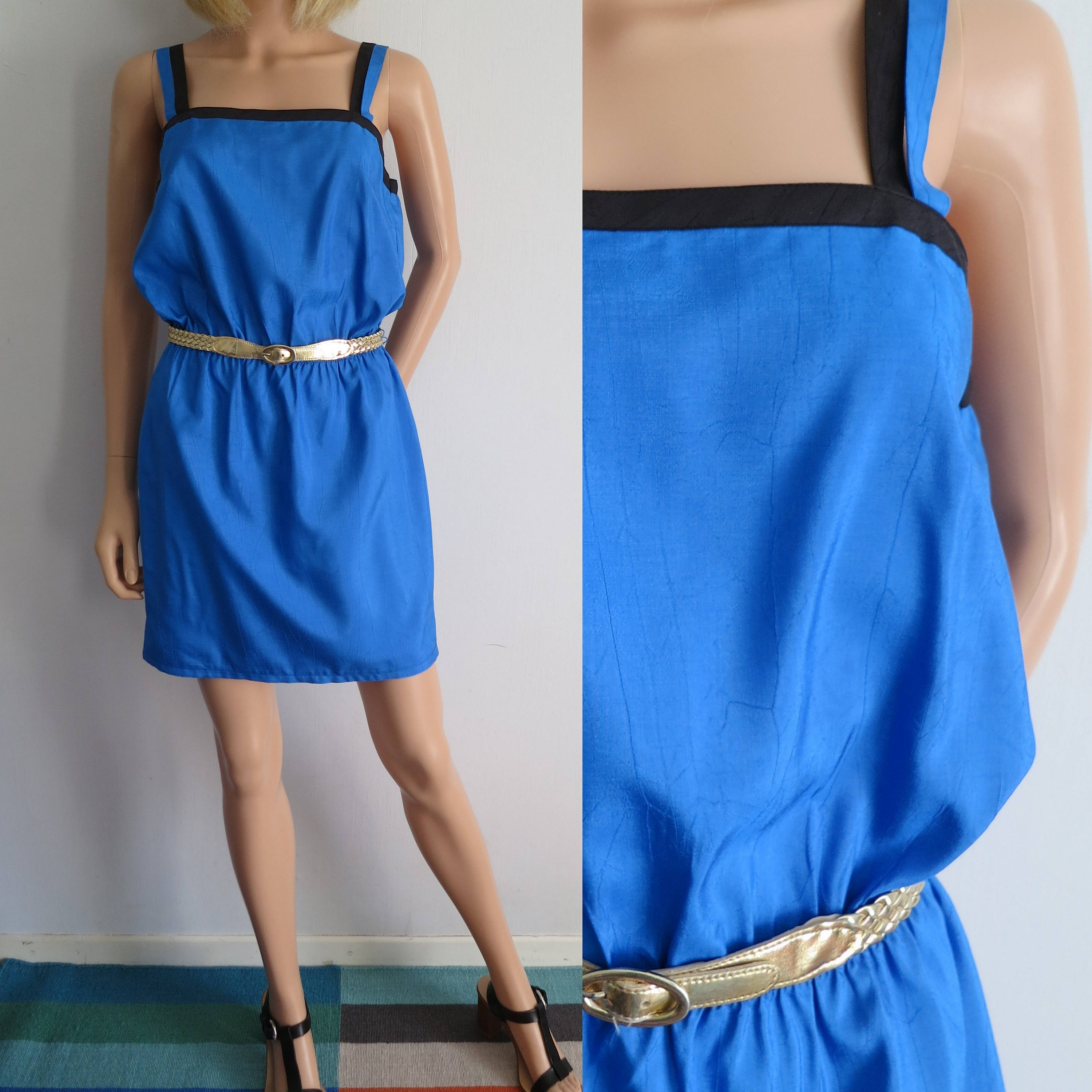 Image of Blue Evening Party Dress, Strappy, French Vintage, Short Mini Textured Satin, Small